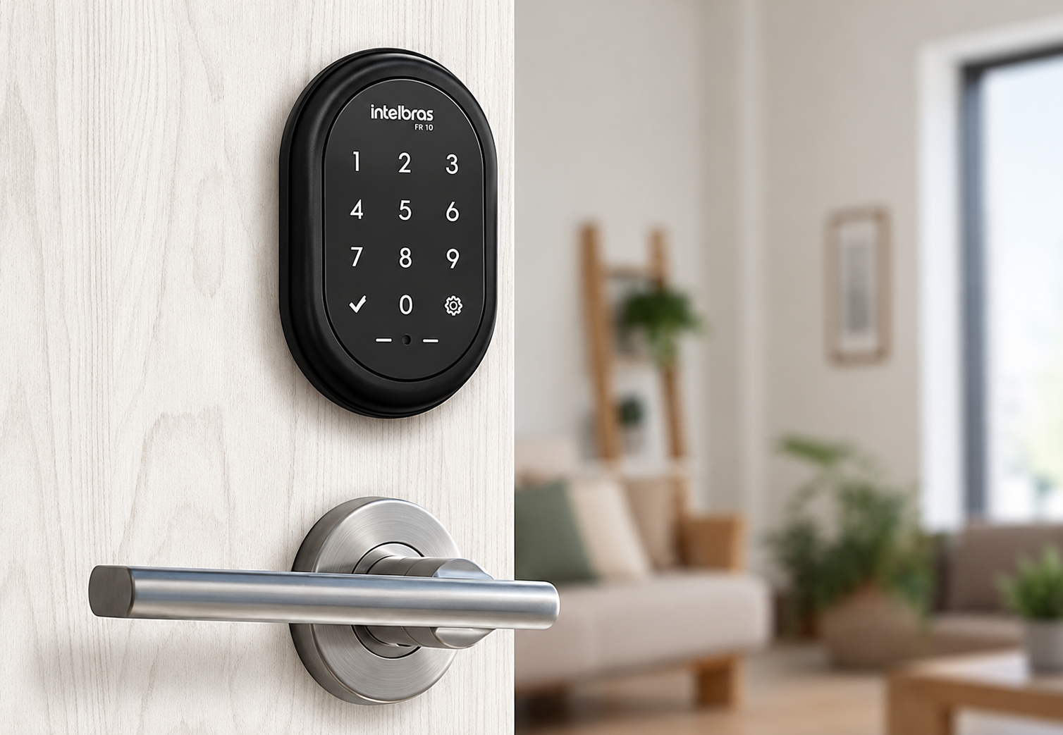 Fechadura digital com teclado numérico e maçaneta de alavanca instaladas em uma porta branca, com ambiente residencial ao fundo