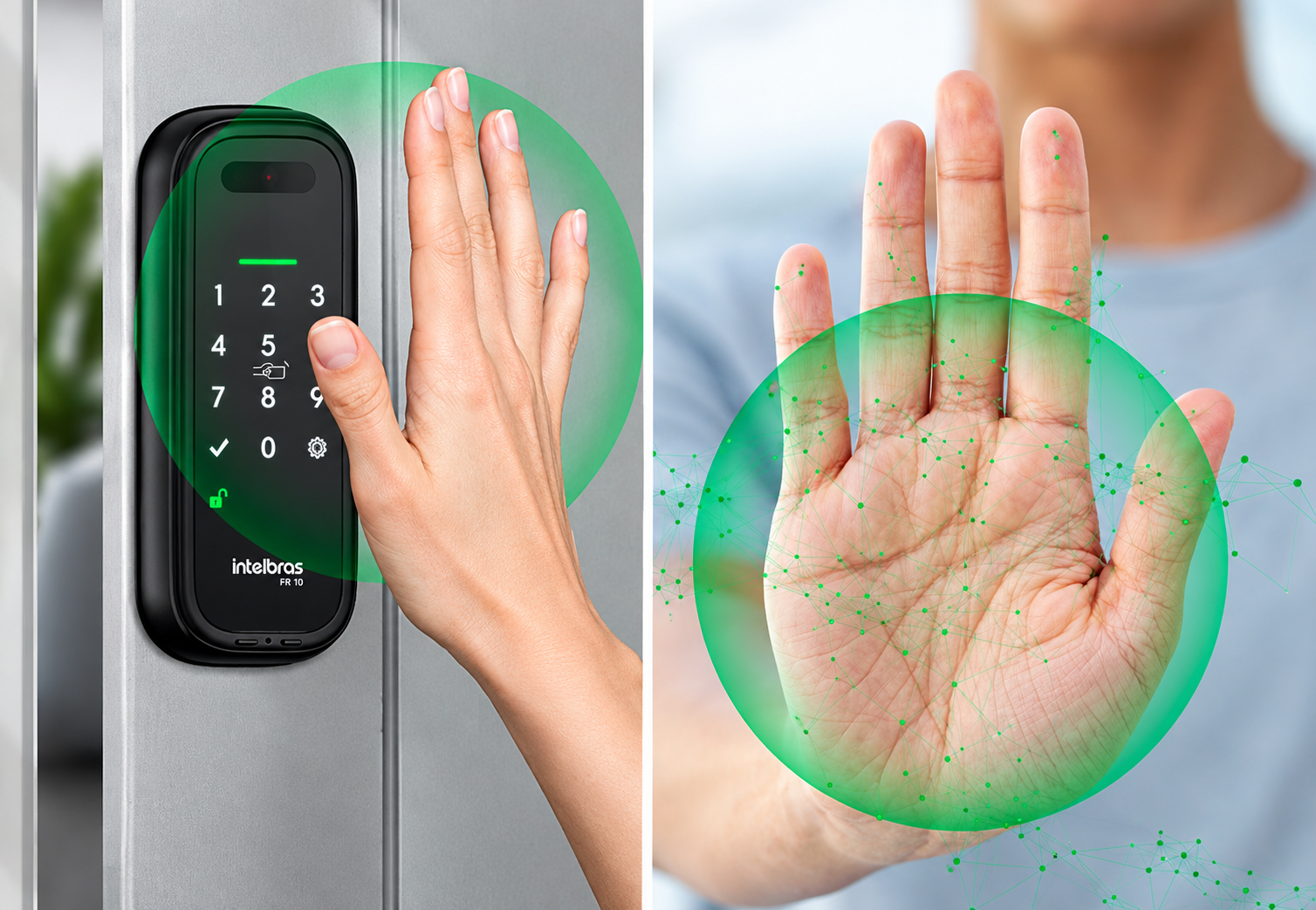 Fechadura digital preta com teclado numérico e leitor de palma da mão montada em uma porta cinza, com uma mão se aproximando do leitor e a palma aberta em primeiro plano