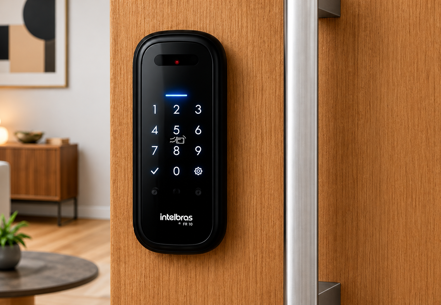 Fechadura digital preta com teclado numérico iluminado e leitor de aproximação montada em uma porta de madeira, ao lado de um puxador metálico, com ambiente residencial ao fundo