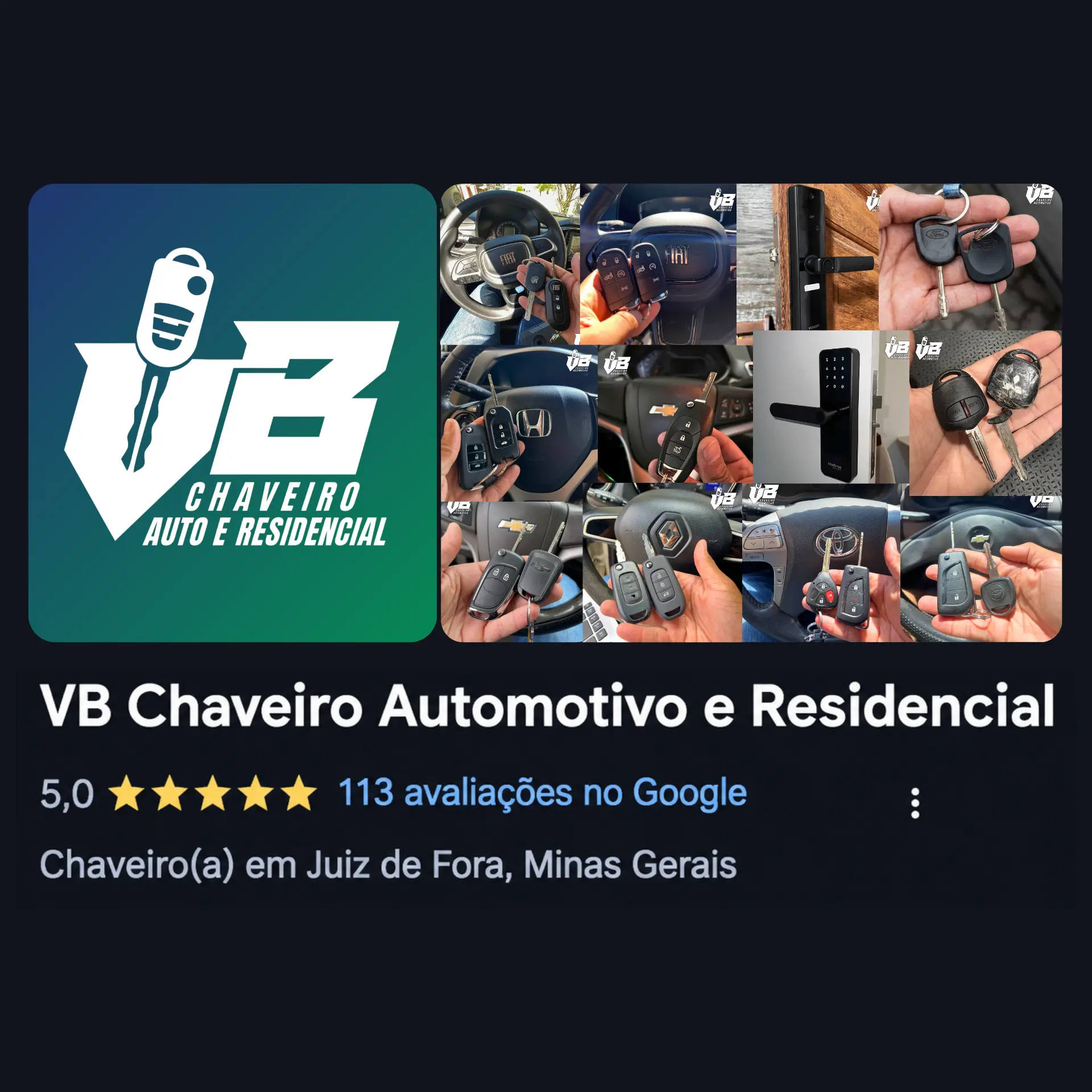 Perfil da VB Chaveiro Automotivo e Residencial no Google, com avaliações e fotografias de serviços realizados