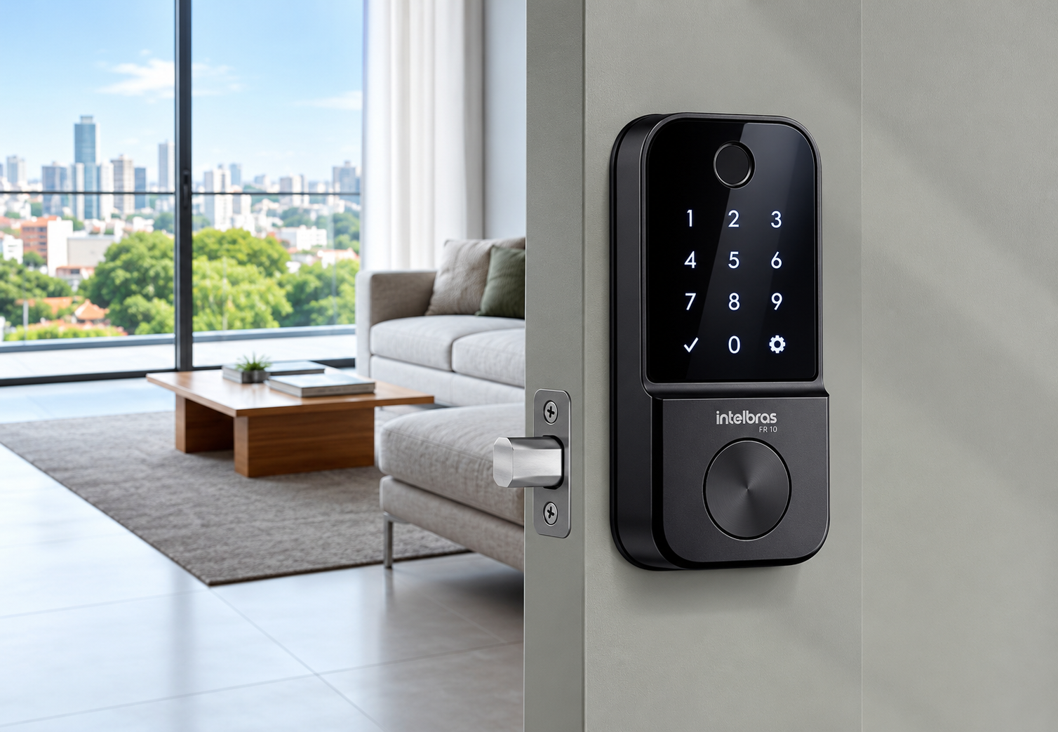 Fechadura digital preta com teclado numérico e maçaneta redonda instalada em uma porta clara, com sala de apartamento e vista da cidade ao fundo