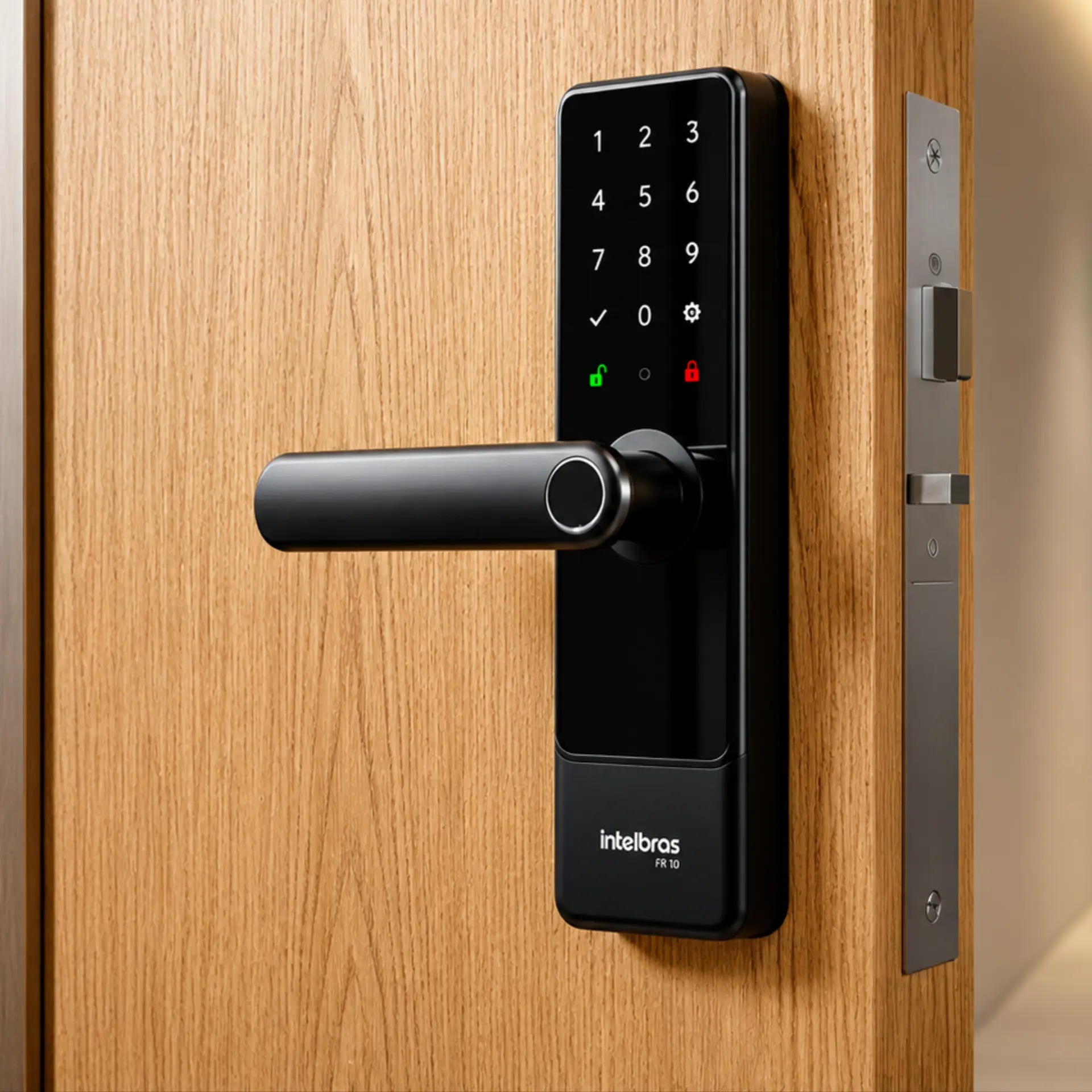 Fechadura digital preta com teclado numérico e leitor biométrico montada em uma porta de madeira clara, com o miolo e a lingueta aparentes na borda da porta